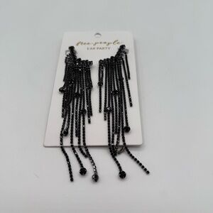 Free People Ear Party Crystal Rhinestone Fringe Dangle Earrings Black Tone New